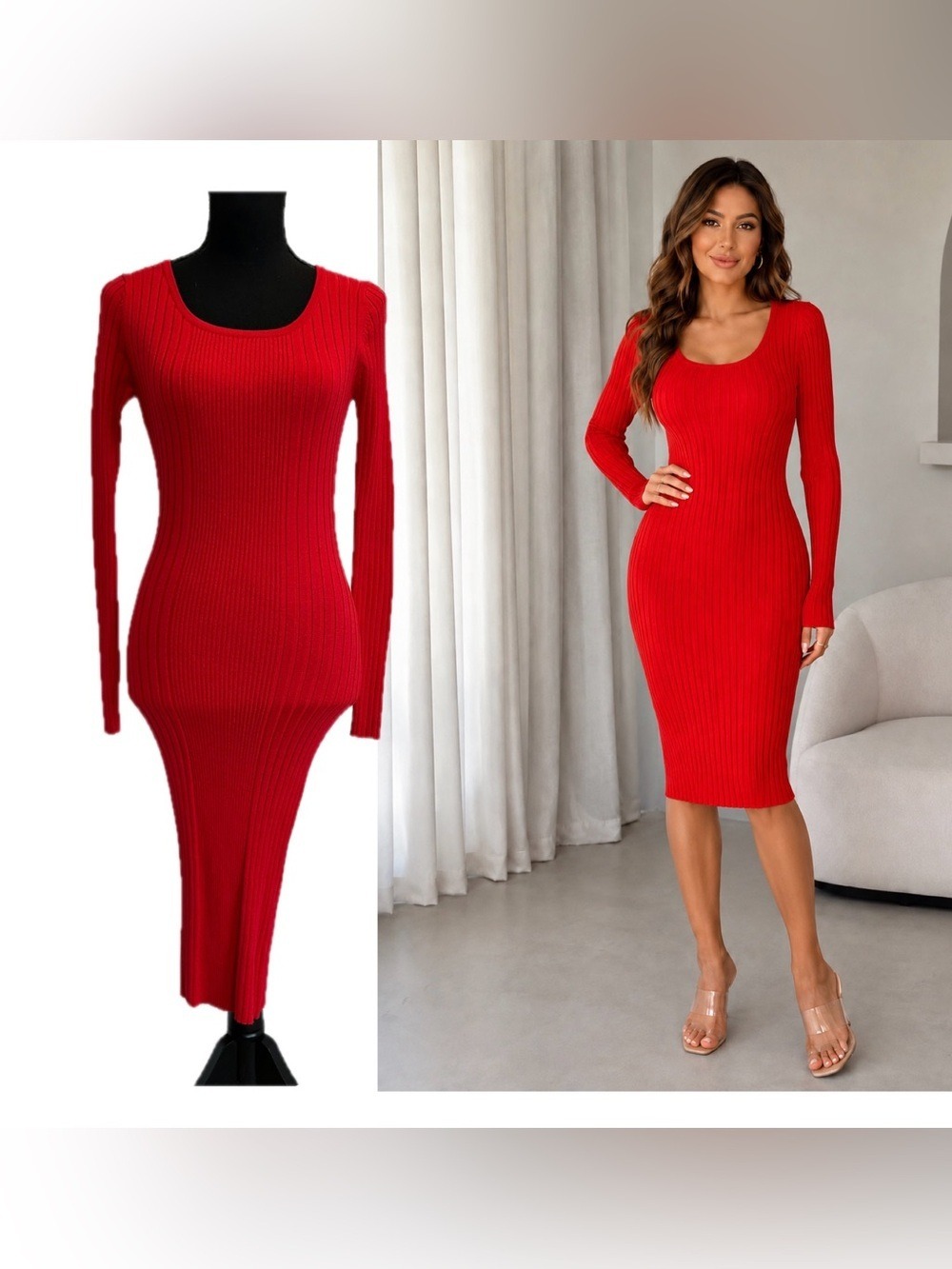 Red Ribbed Knit Long Sleeve Bodycon midi Dress Sz M